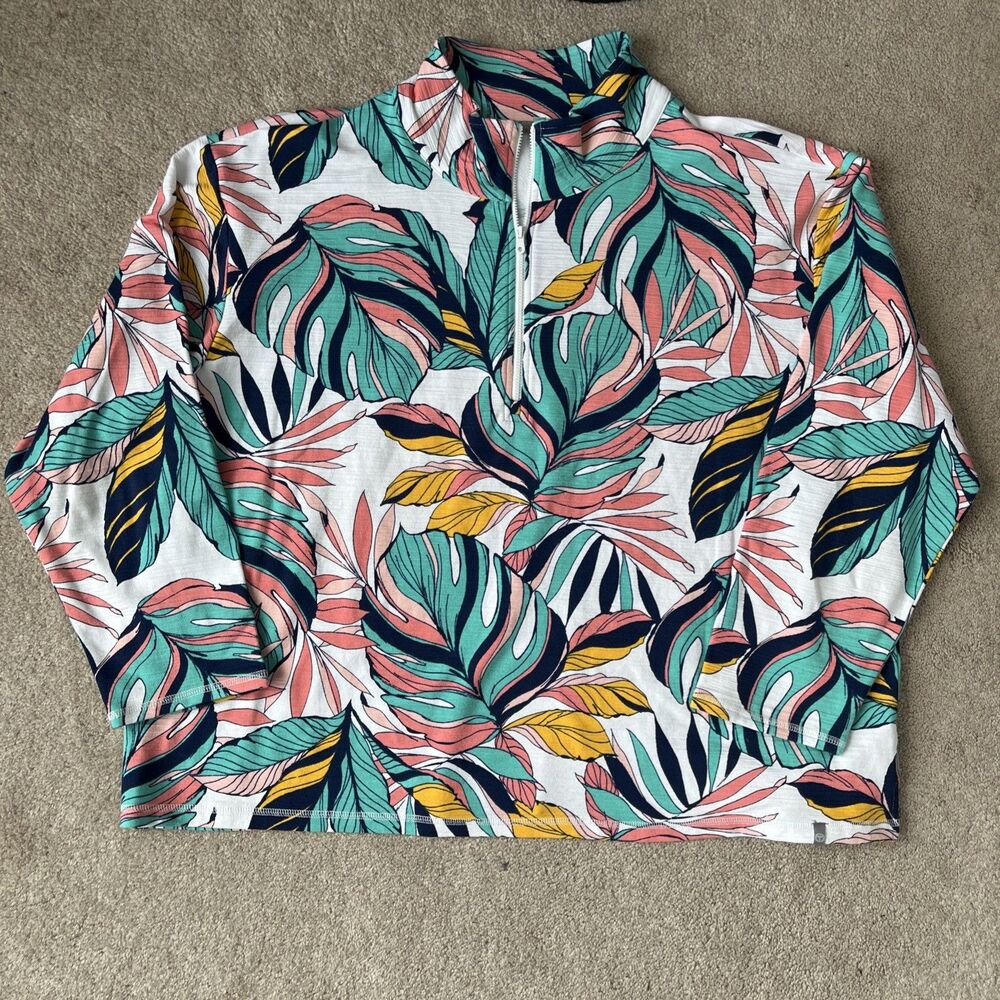 T by Talbots 1/4 Zip Pullover 3X Tropical Leaf Print Athleisure Stretch Casual